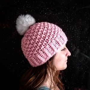 Seed Stitch Hand Knit Hat With Faux Fur Pom